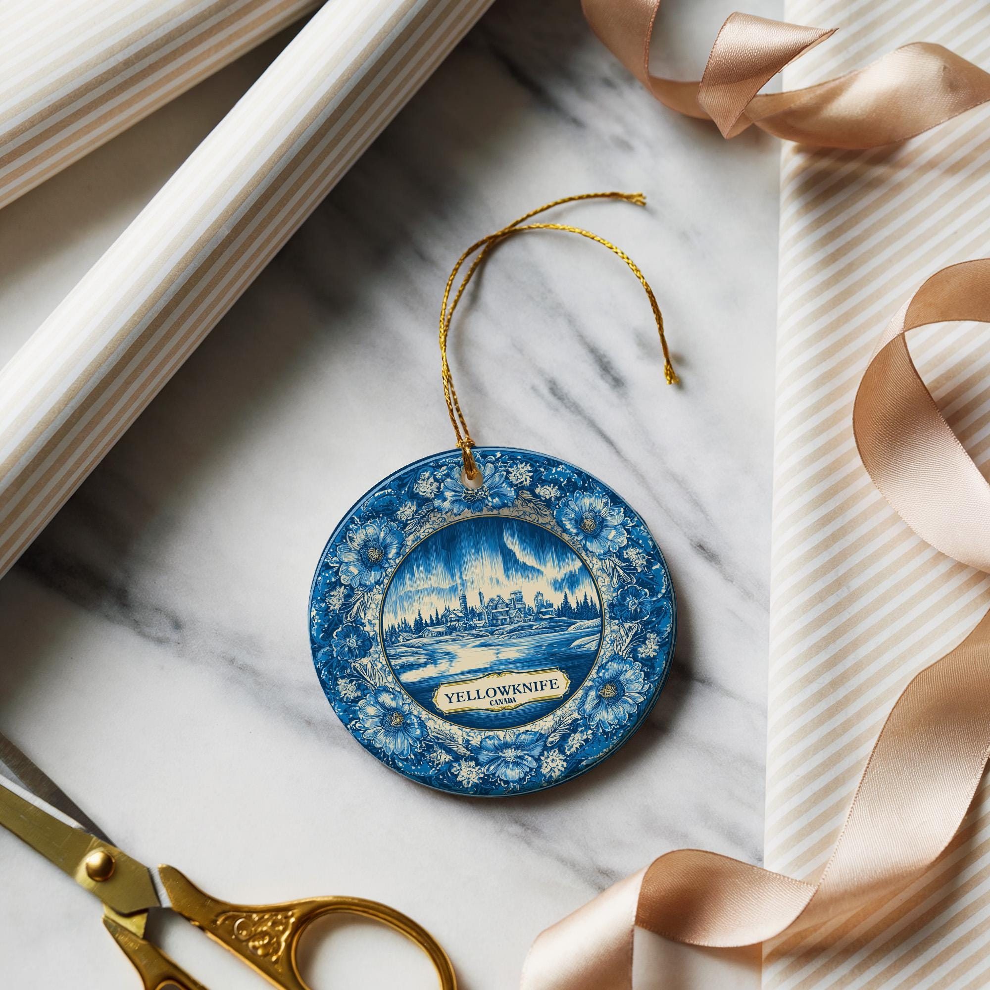 Custom Yellowknife Canada Ceramic Delft Ornament, Christmas Delftware Blue Delftware city travel - CuteBeePix