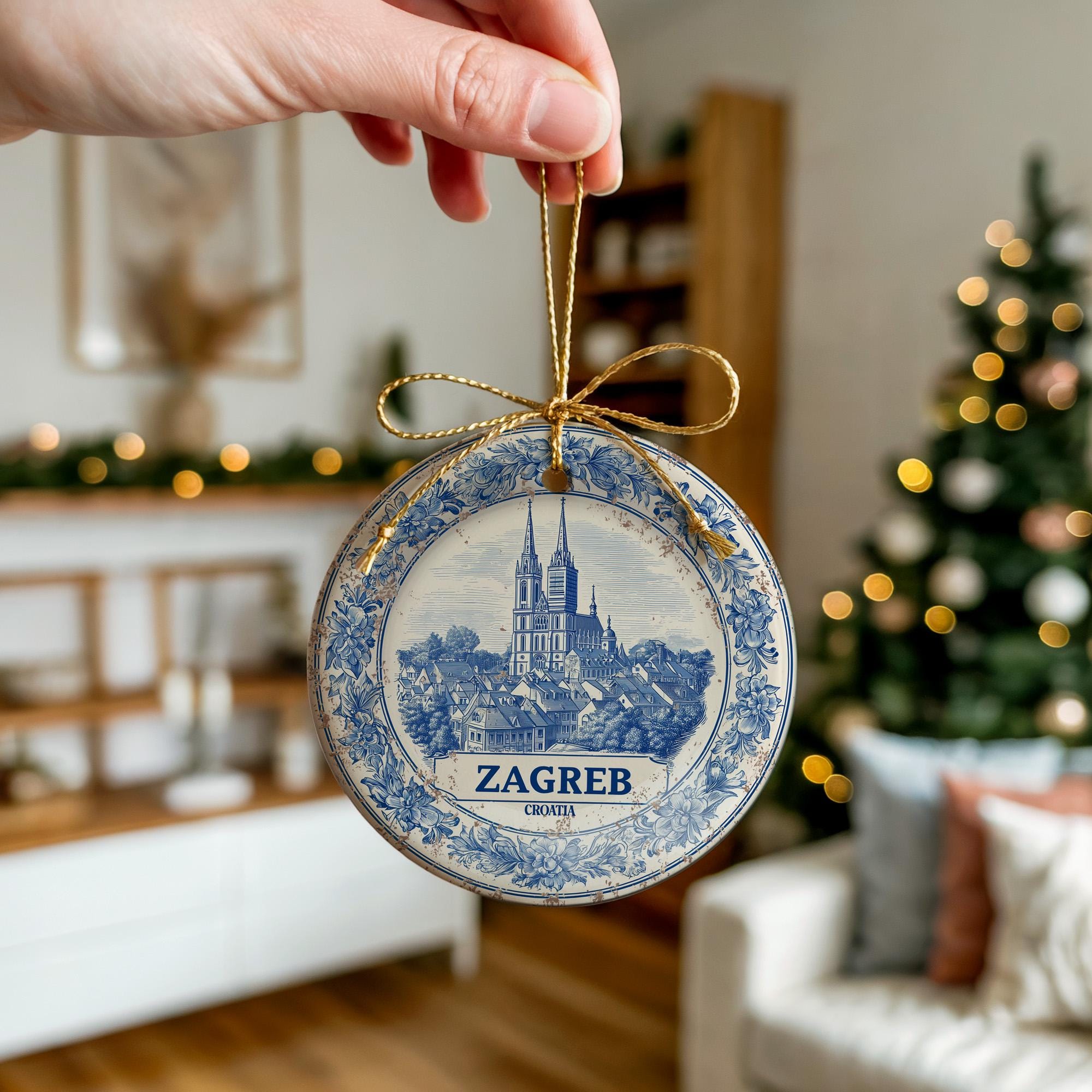 Custom Zagreb Croatia Ceramic Delft Ornament, Christmas Delftware Blue Delftware city travel - CuteBeePix