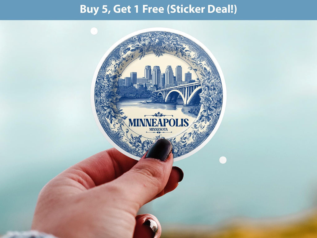 Minneapolis Minnesota Sticker Vintage Delft style, Delftware Decal Waterproof Vinyl, Blue City Travel