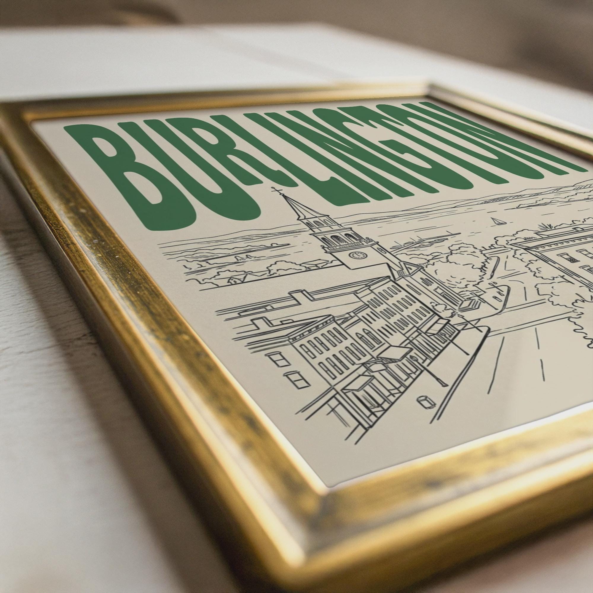 Burlington Vermont Skyline Wall Art, Framed Canvas Print, Retro Travel Decor