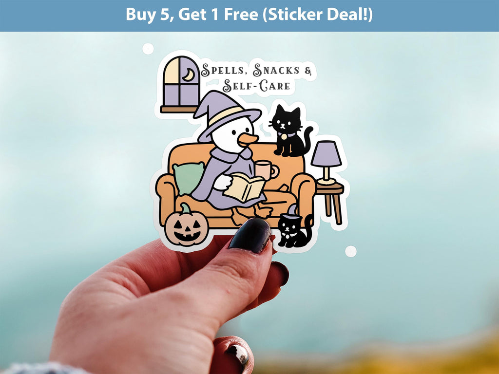 Spells Snacks & Self Care Sticker, Silly Goose Sarcastic Decal, Cute Witch Halloween Vinyl