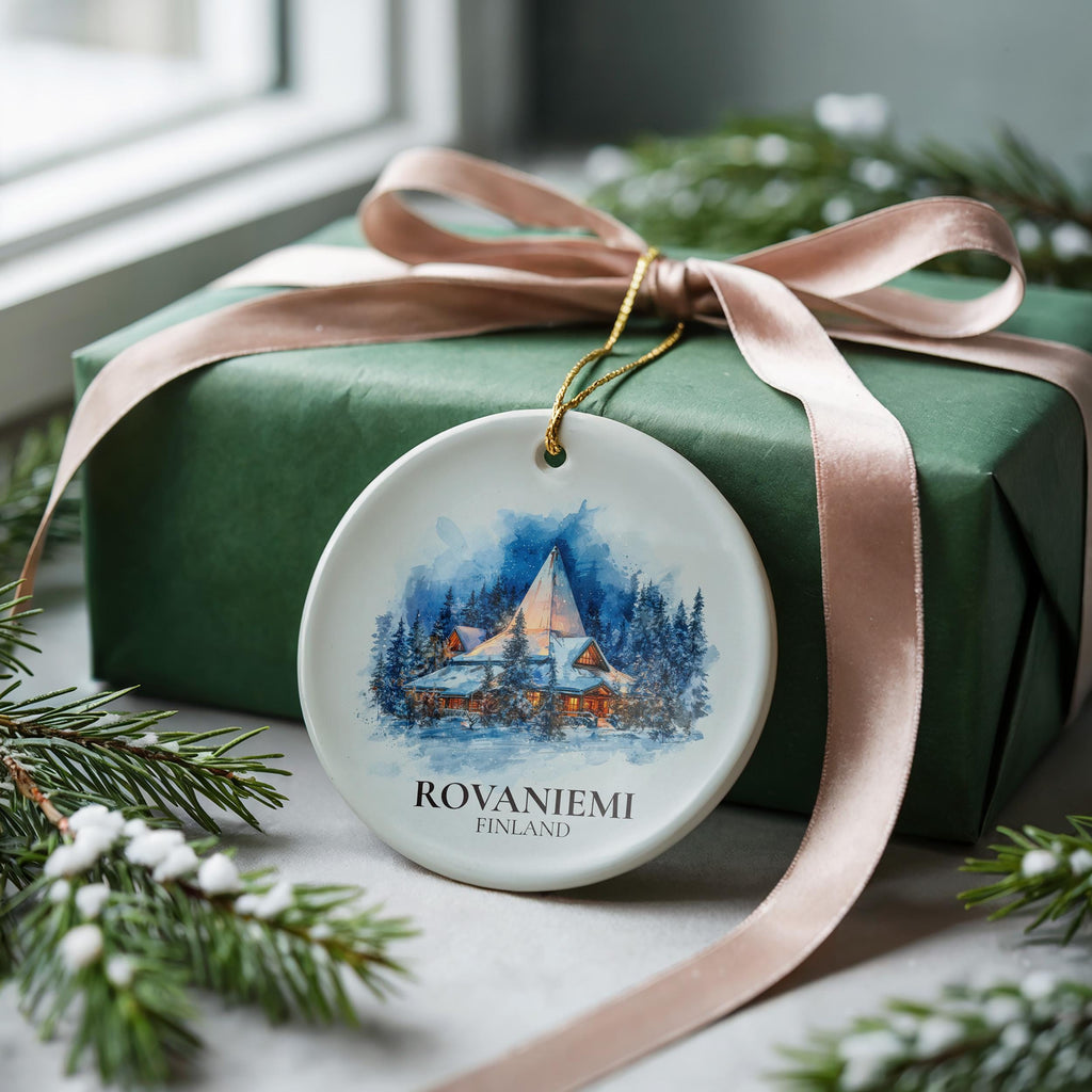 Rovaniemi Finland Personalized Watercolor Ornament, Custom Ceramic Christmas gift, Travel Keepsake