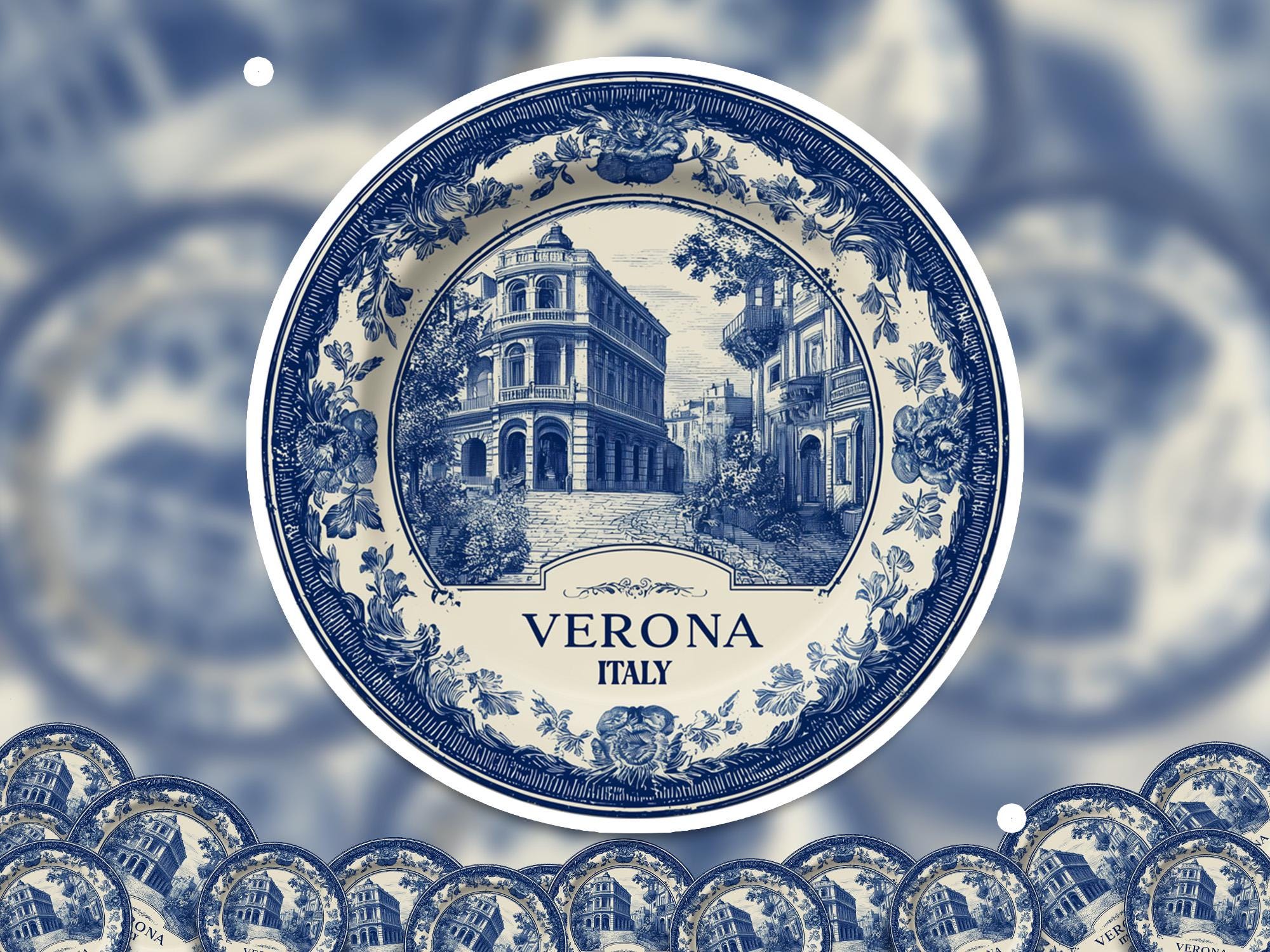 Verona Italy Sticker Vintage Delft style, Delftware Decal Waterproof Vinyl, Blue City Travel