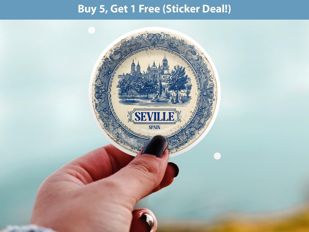 Seville Spain Sticker Vintage Delft style, Delftware Decal Waterproof Vinyl, Blue City Travel