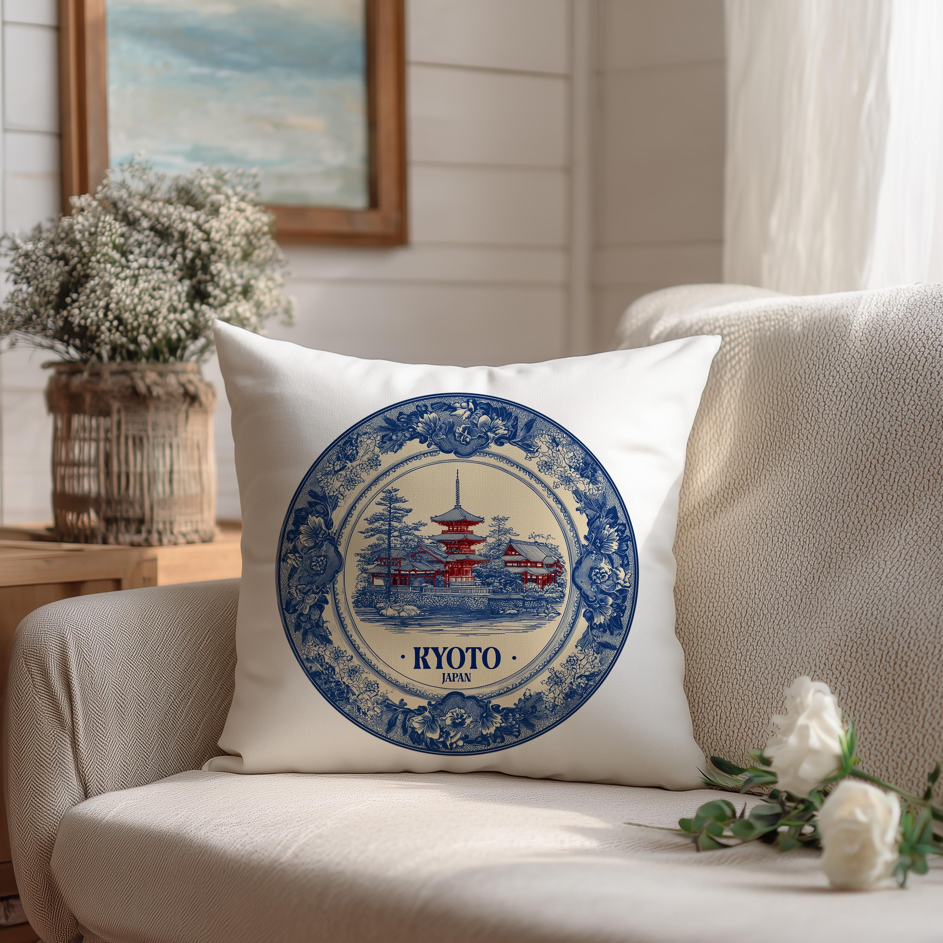 Kyoto Japan Pillowcase, Delft Style Decorative Throw Pillow, Vintage Cityscape Retro Home Decor