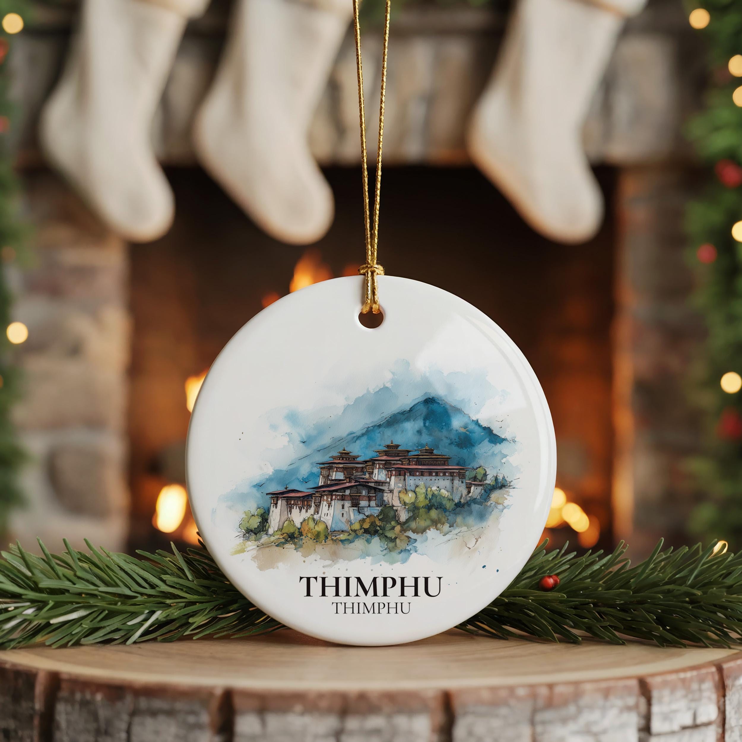 Thimphu Bhutan Personalized Watercolor Ornament, Custom Ceramic Christmas gift, Travel Keepsake