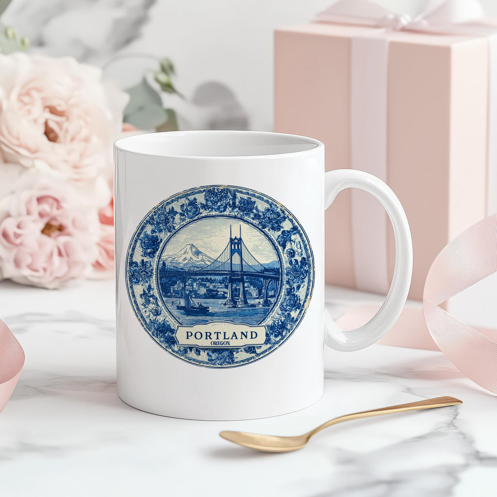 Portland Oregon Mug, Custom Delft Style cup, Personalized Vintage Travel City Gift