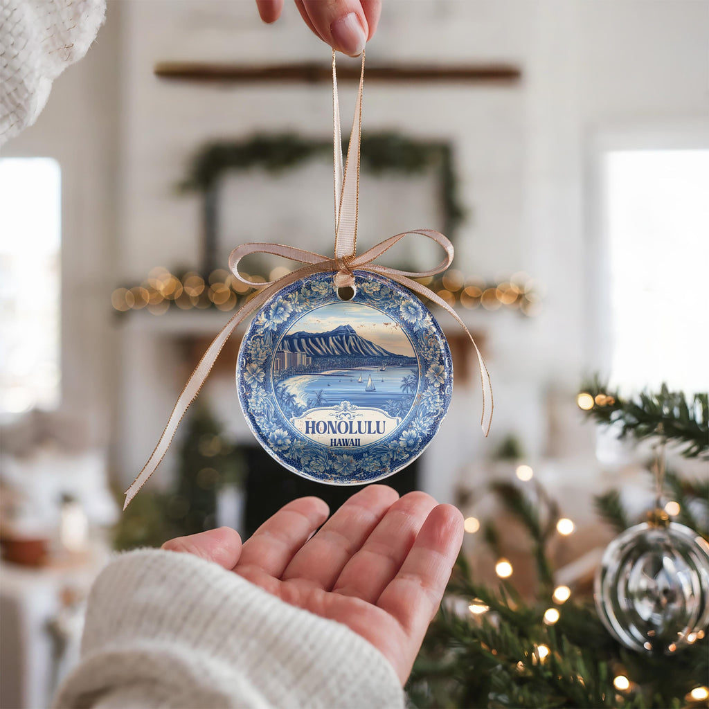 Custom Honolulu Hawaii Ceramic Delft Ornament, Christmas Delftware Blue Delftware city travel
