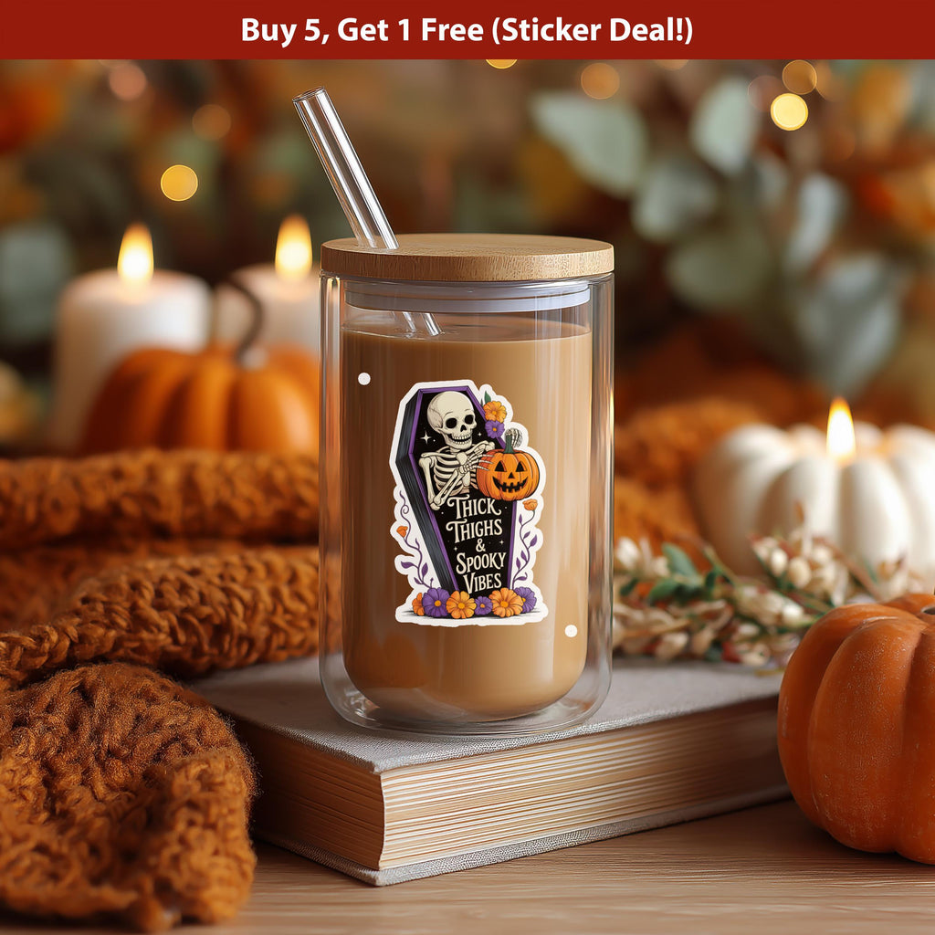 Thick Thighs & Spooky Vibes Sticker, Halloween Spooky Kiss-Cut Vinyl, Skeleton Waterproof Decal