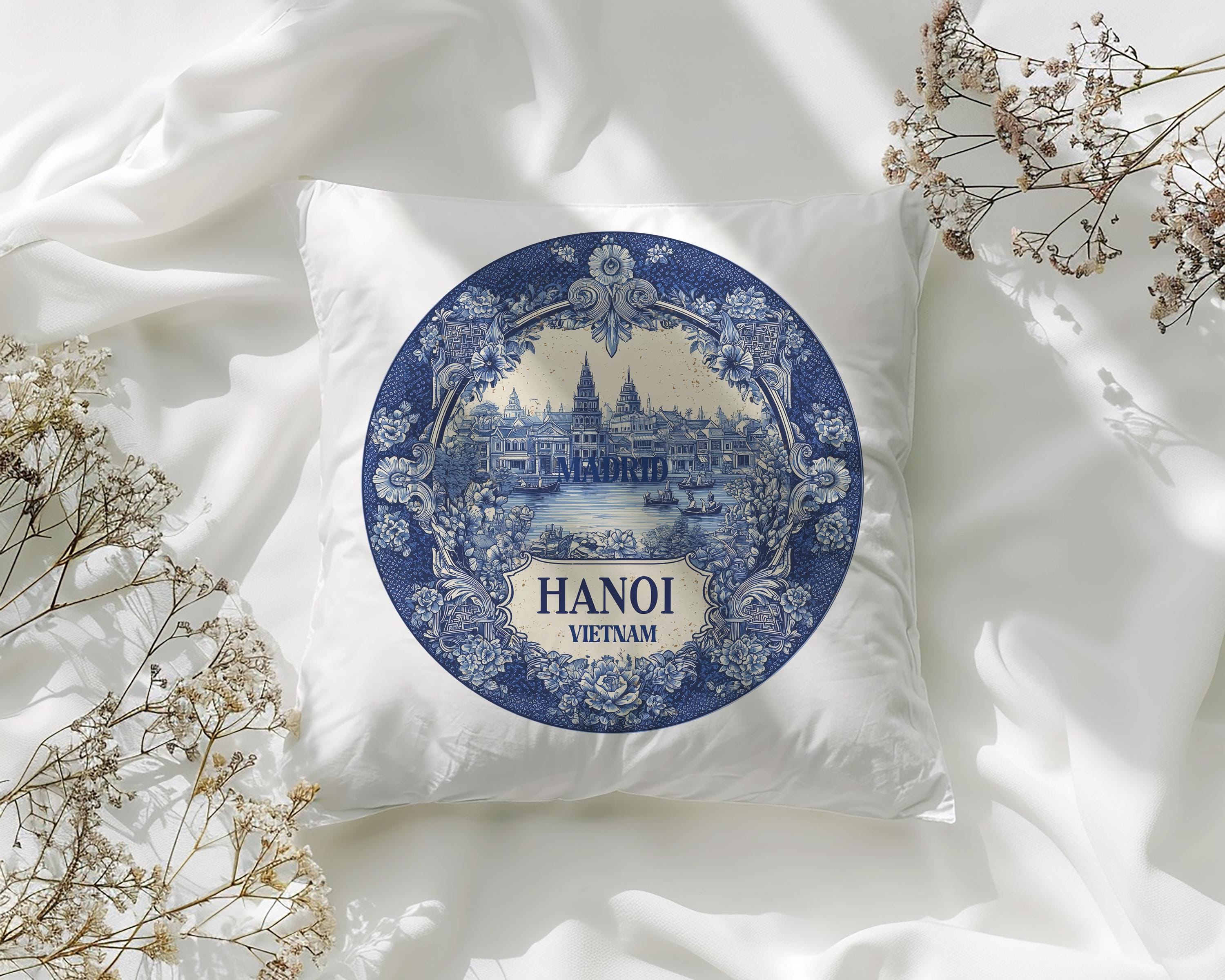 Hanoi Vietnam Pillowcase, Delft Style Decorative Throw Pillow, Vintage Cityscape Retro Home Decor