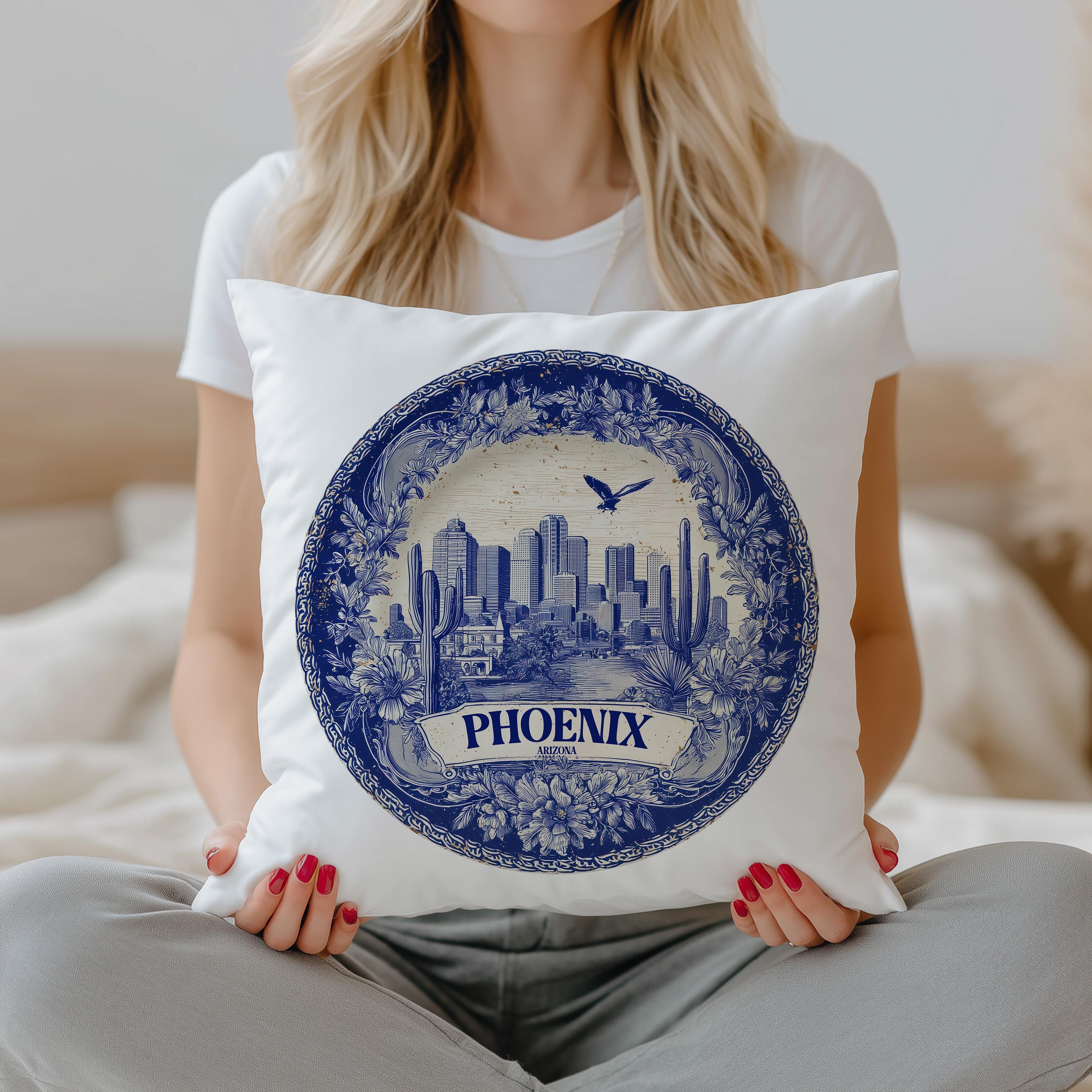 Phoenix Arizona Pillowcase, Delft Style Decorative Throw Pillow, Vintage Cityscape Retro Home Decor