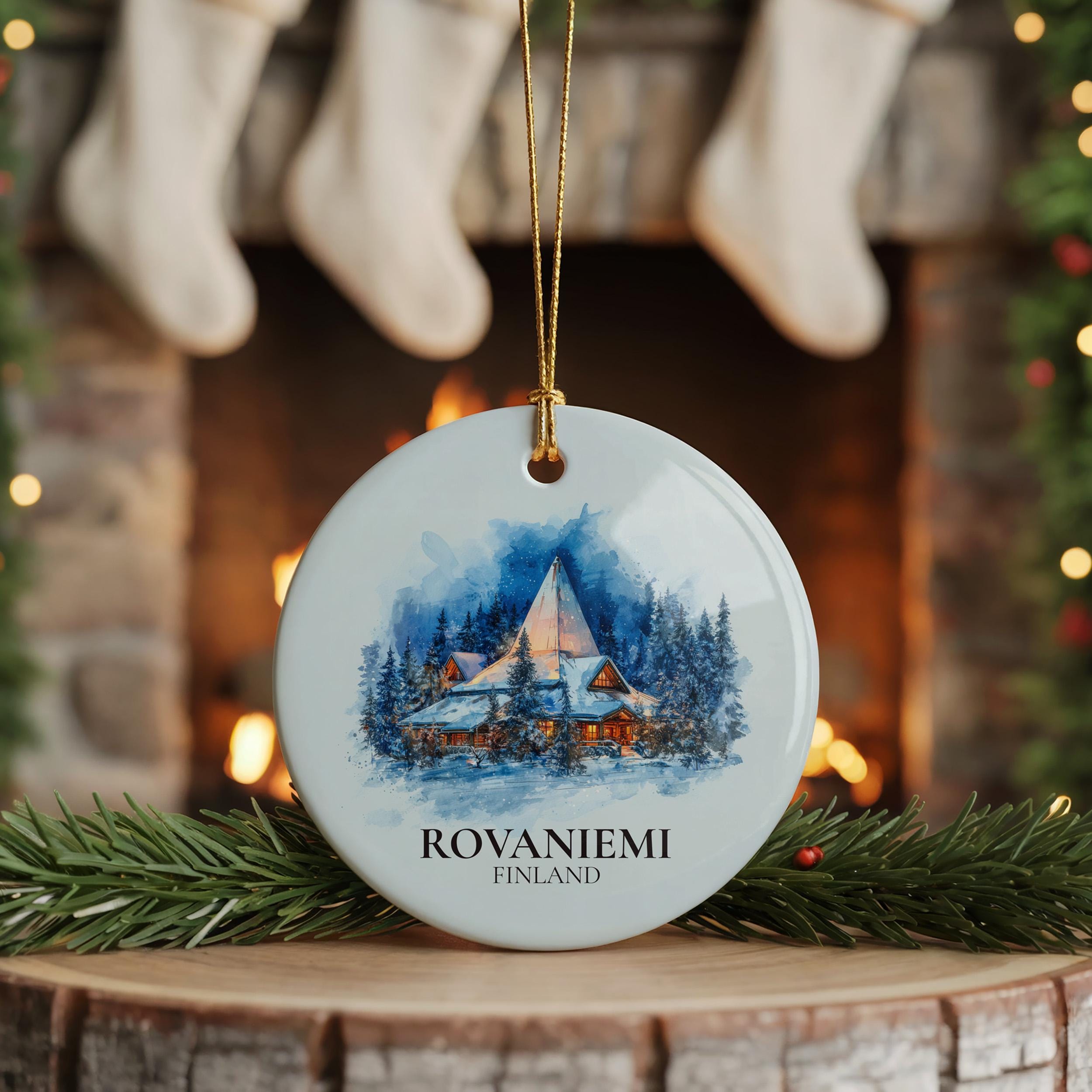 Rovaniemi Finland Personalized Watercolor Ornament, Custom Ceramic Christmas gift, Travel Keepsake