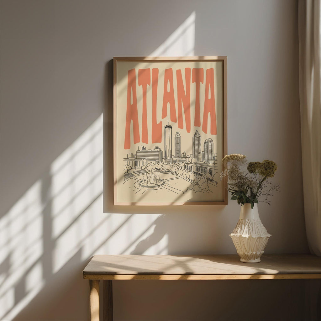 Atlanta Skyline Wall Art, Framed Canvas Print, Retro City Line Art Decor
