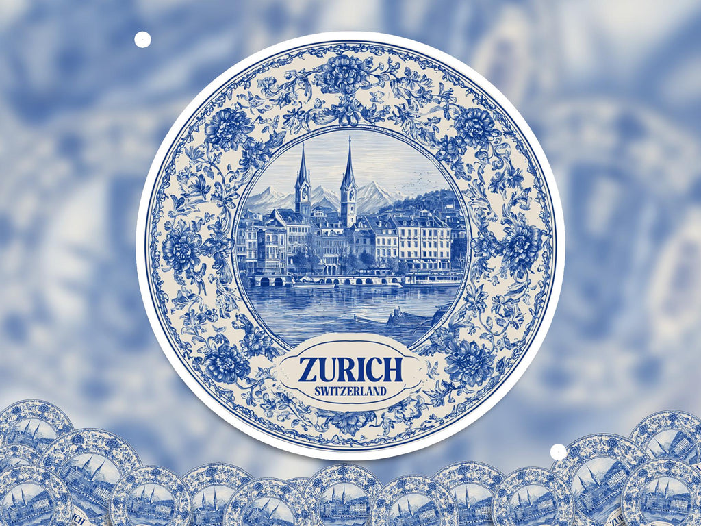 Zurich Switzerland Sticker Vintage Delft style, Delftware Decal Waterproof Vinyl, Blue City Travel