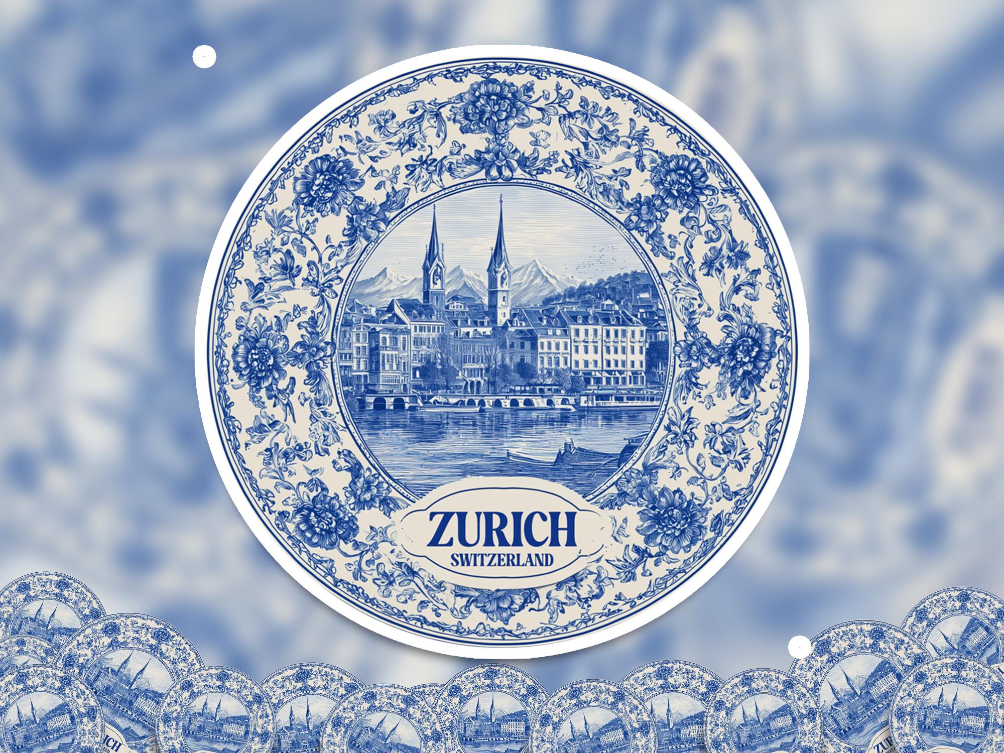 Zurich Switzerland Sticker Vintage Delft style, Delftware Decal Waterproof Vinyl, Blue City Travel