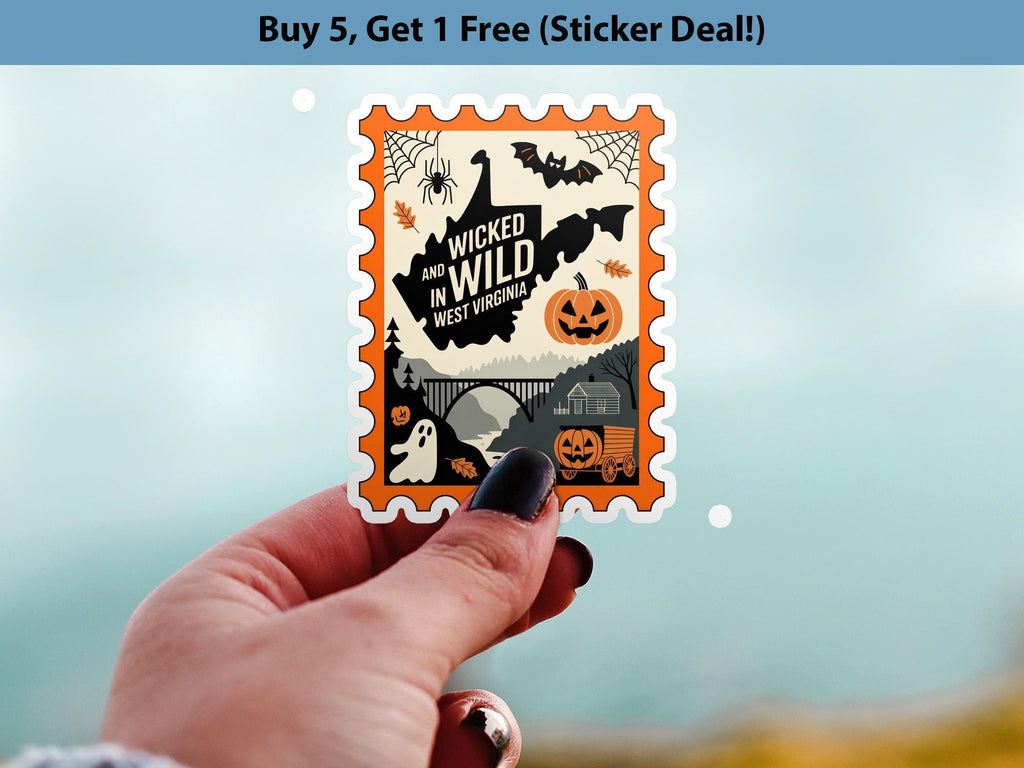 West Virginia Stamp Halloween Sticker, Spooky USA Kiss-Cut Vinyl, Waterproof Decal, United States Travel