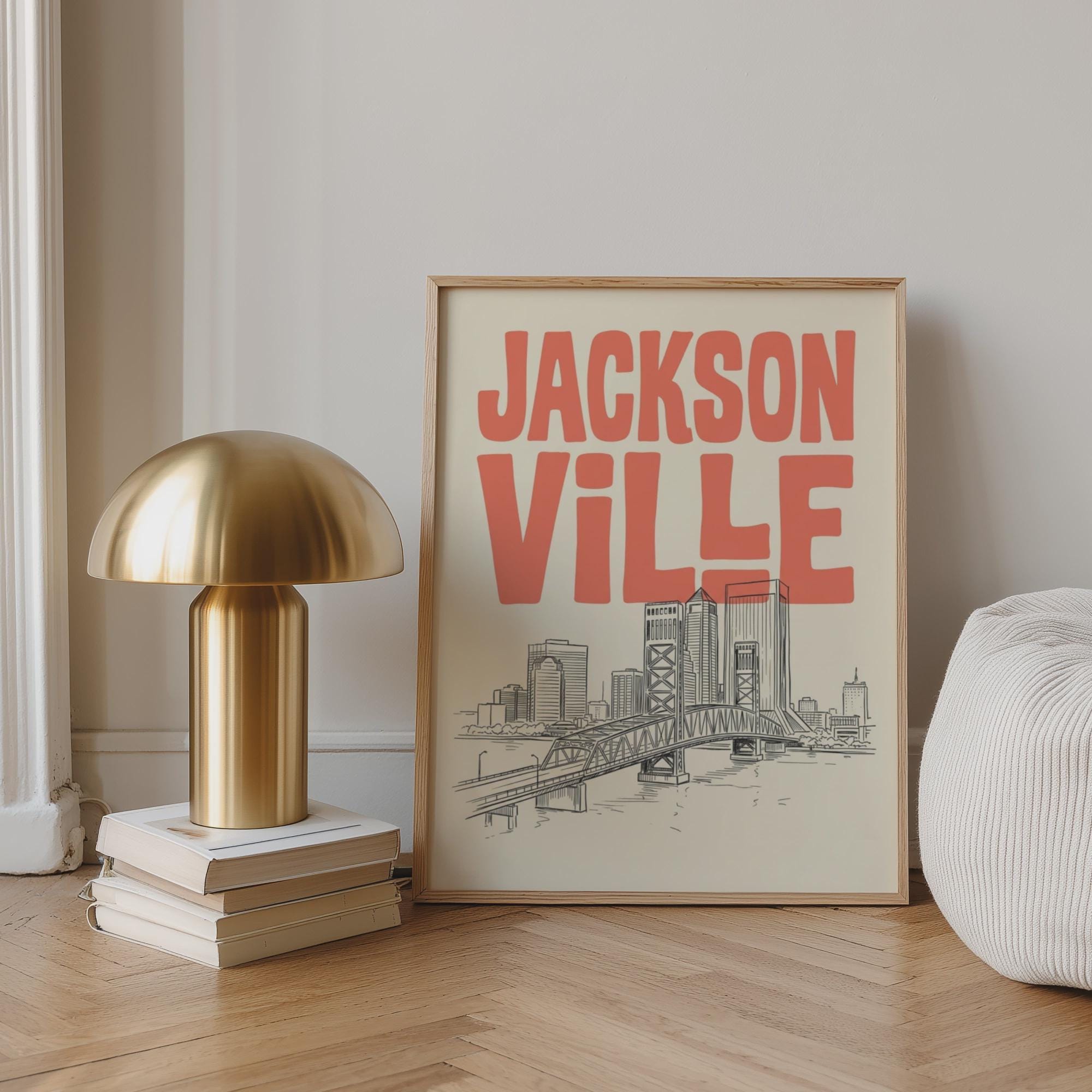 Jacksonville Florida Skyline Minimalist Wall Art, Framed Canvas Print, Retro City Decor