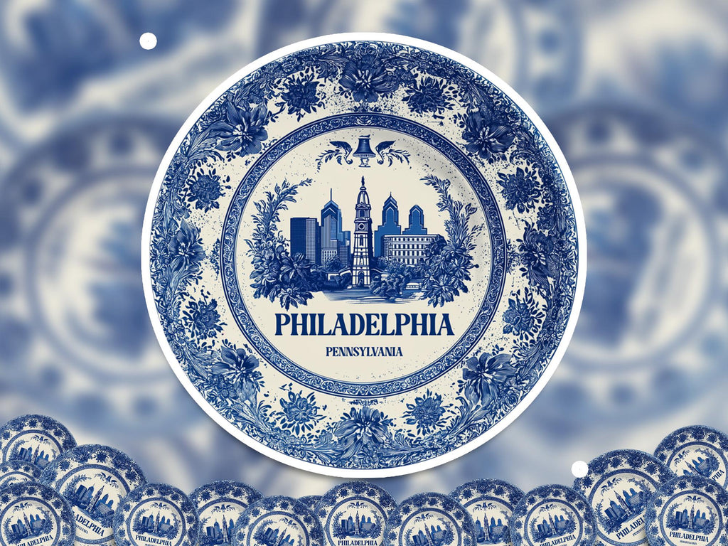 Philadelphia Pennsylvania Retro Sticker Vintage Delft style, Delftware Decal Waterproof Vinyl, Blue City Travel