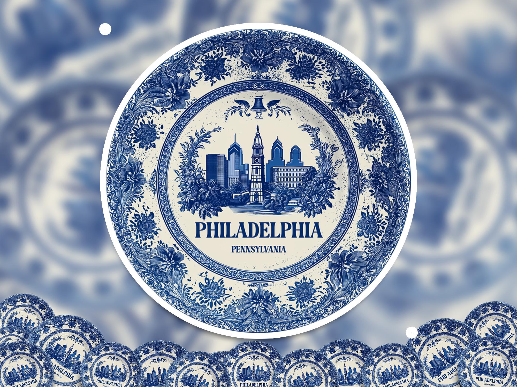 Philadelphia Pennsylvania Retro Sticker Vintage Delft style, Delftware Decal Waterproof Vinyl, Blue City Travel