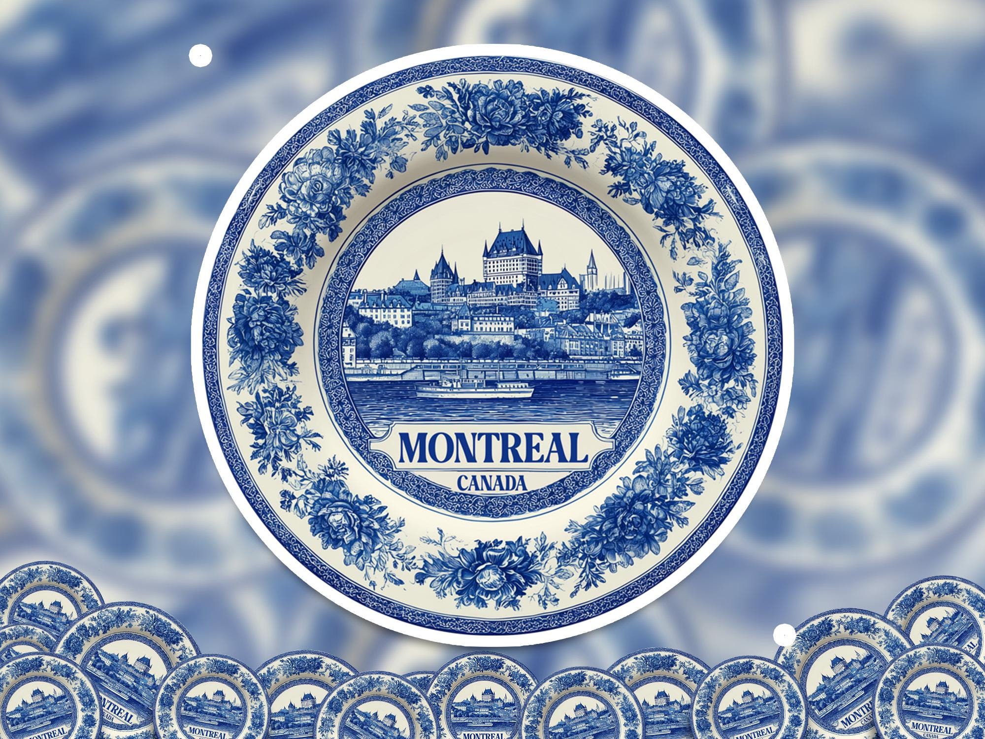 Montreal Canada Sticker Vintage Delft style, Delftware Decal Waterproof Vinyl, Blue City Travel