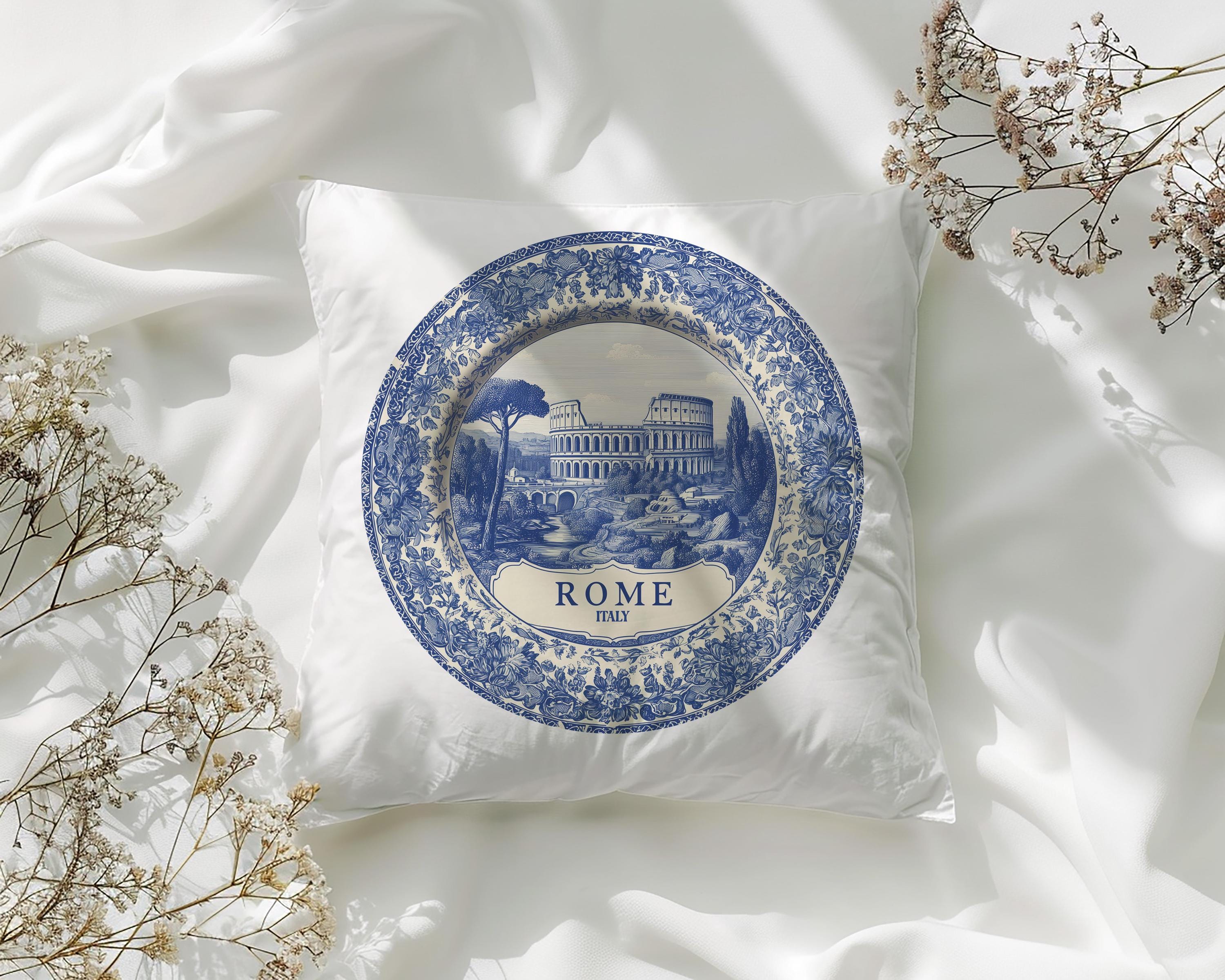 Rome Italy Pillowcase, Delft Style Decorative Throw Pillow, Vintage Cityscape Retro Home Decor