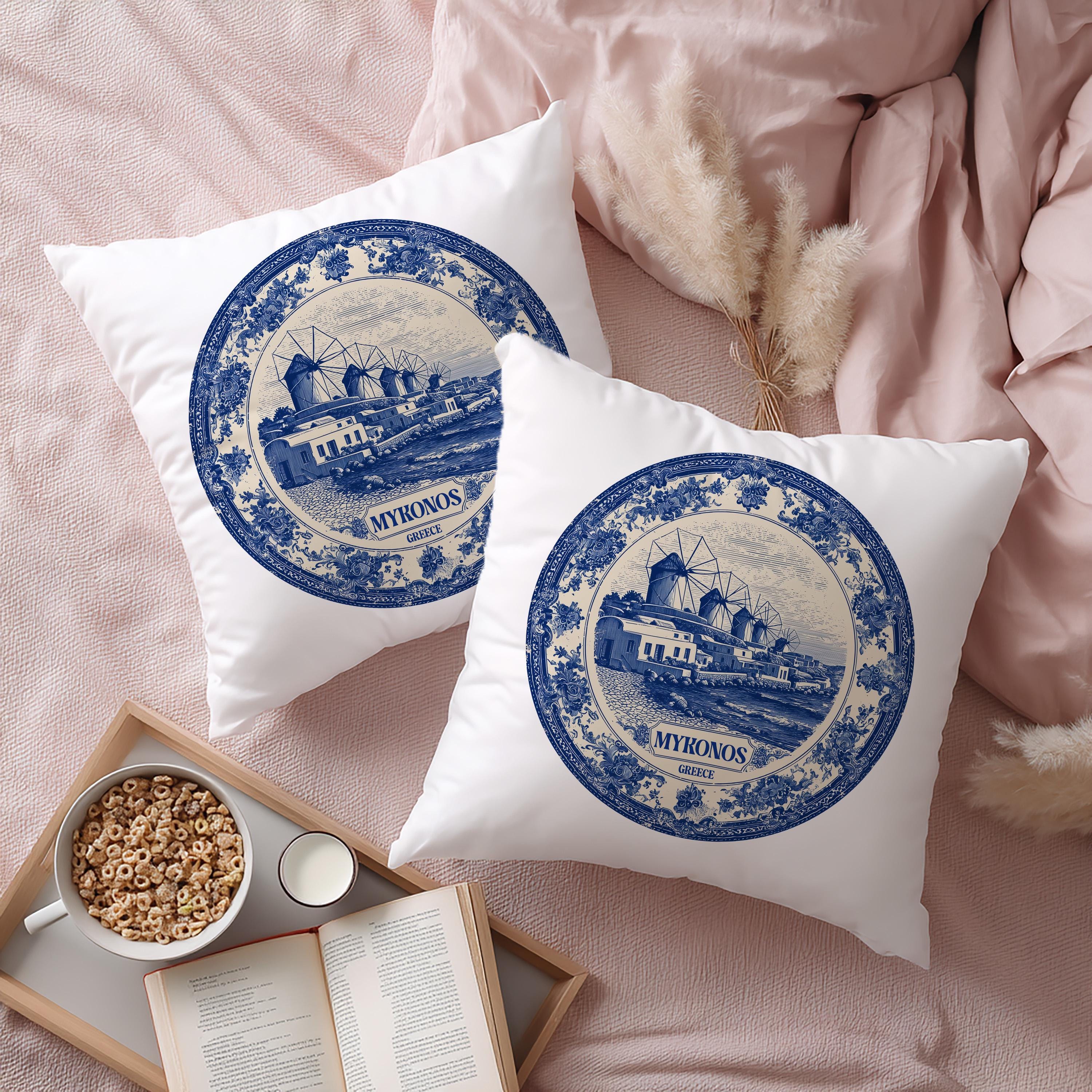 Mykonos Greece Pillowcase, Delft Style Decorative Throw Pillow, Vintage Cityscape Retro Home Decor