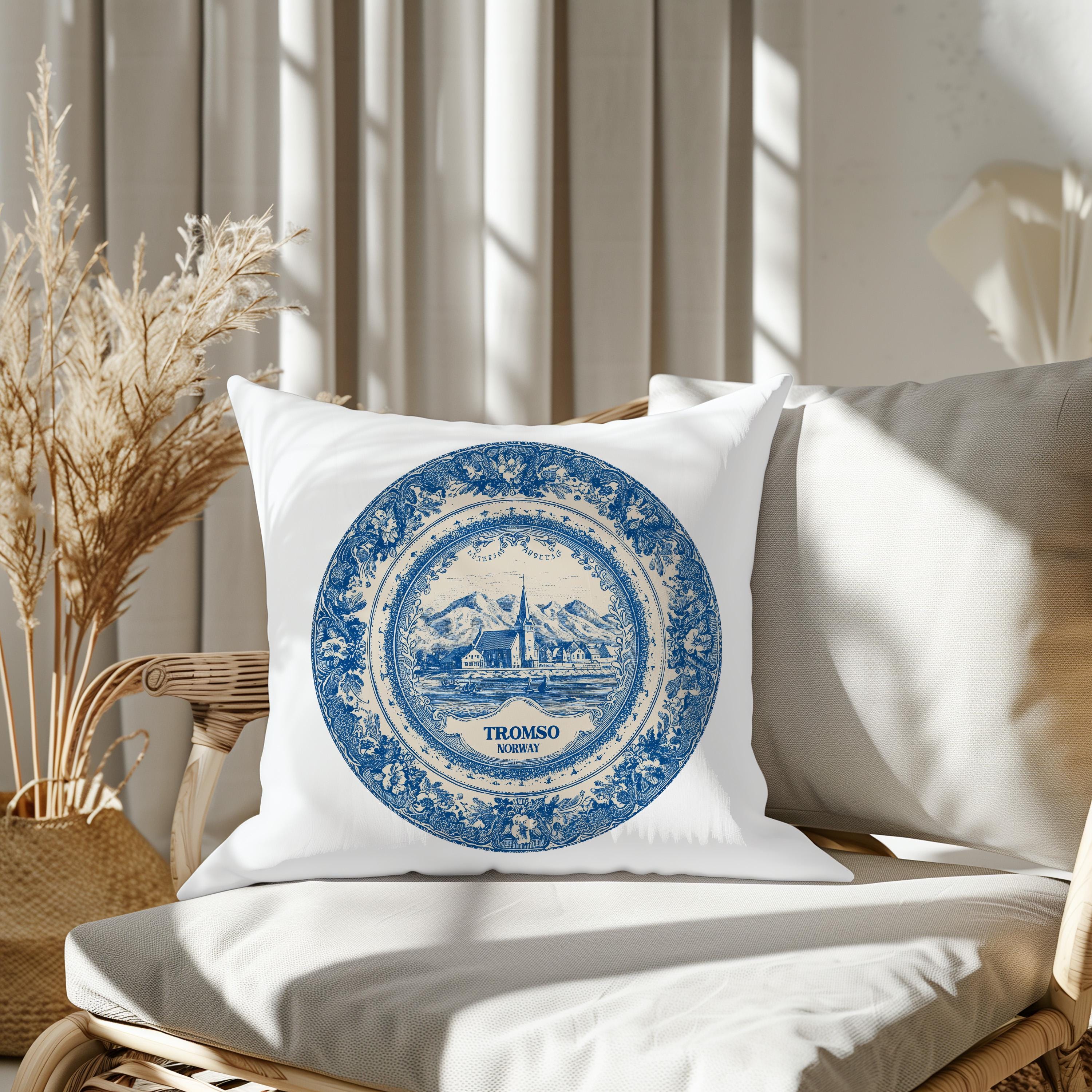 Tromso Norway Pillowcase, Delft Style Decorative Throw Pillow, Vintage Cityscape Retro Home Decor