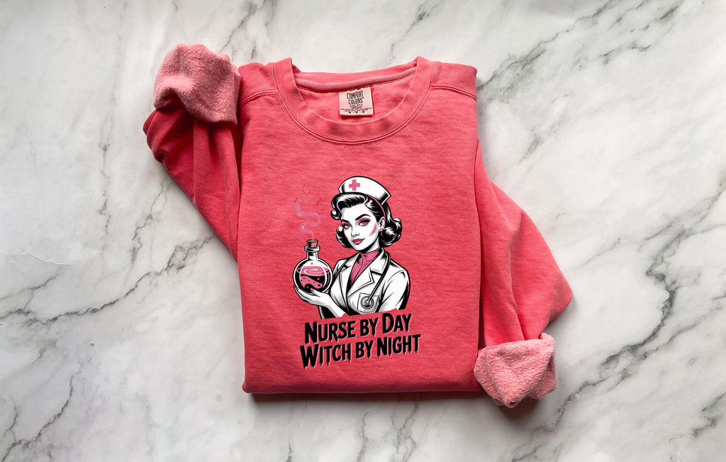 Nurse by Day Witch by Night Halloween Nurse Sweatshirt, Spooky RN Fall Top Cozy Autumn Pullover, Cute Retro Gift for Nurse