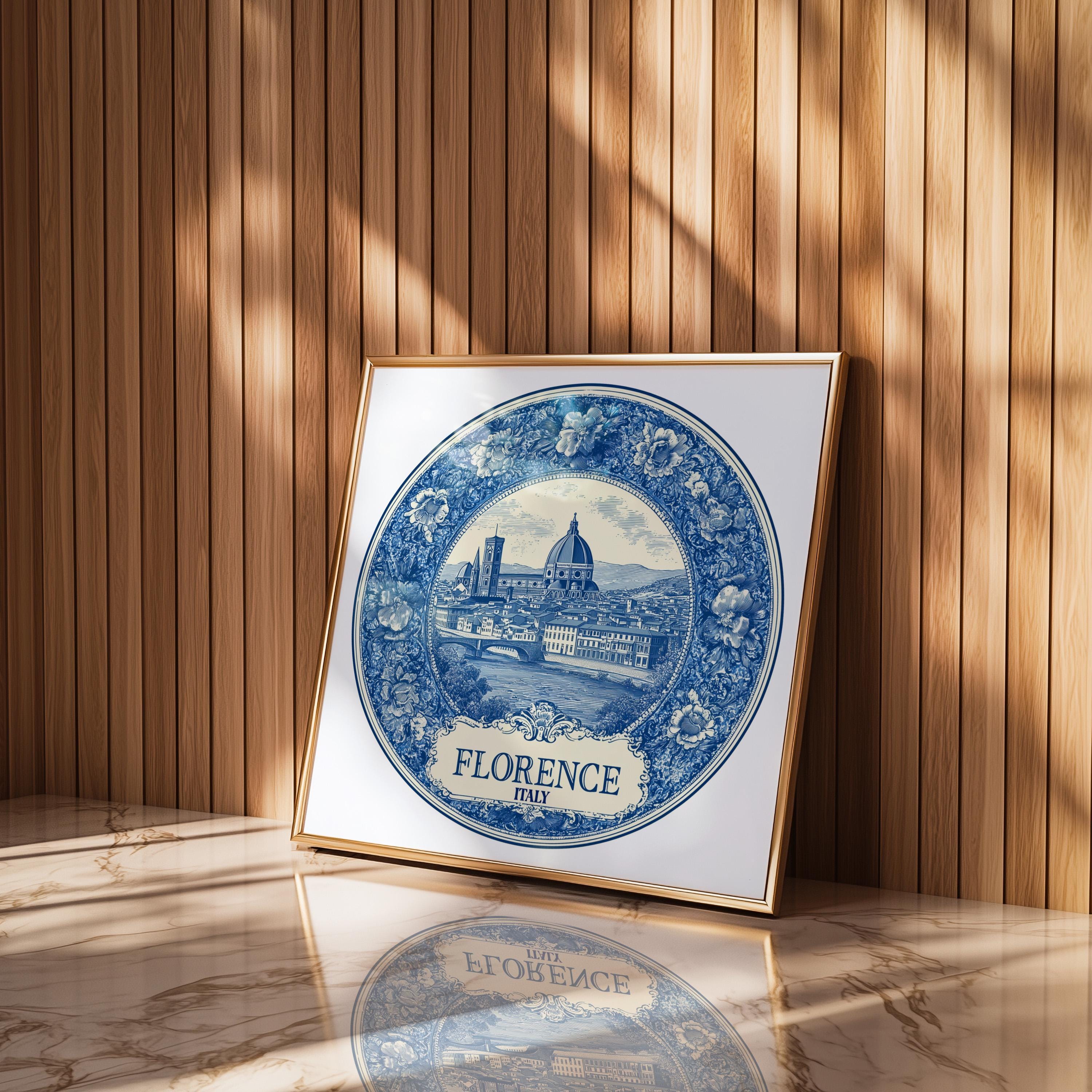 Florence Italy Wall Art, Vintage Delft Blue Poster, City Print, Travel Home Decor