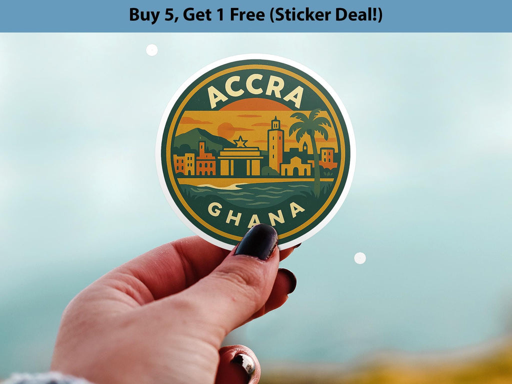 Accra Ghana Sticker Kiss-Cut Vinyl, Waterproof Decal, Retro Travel Lover Collection