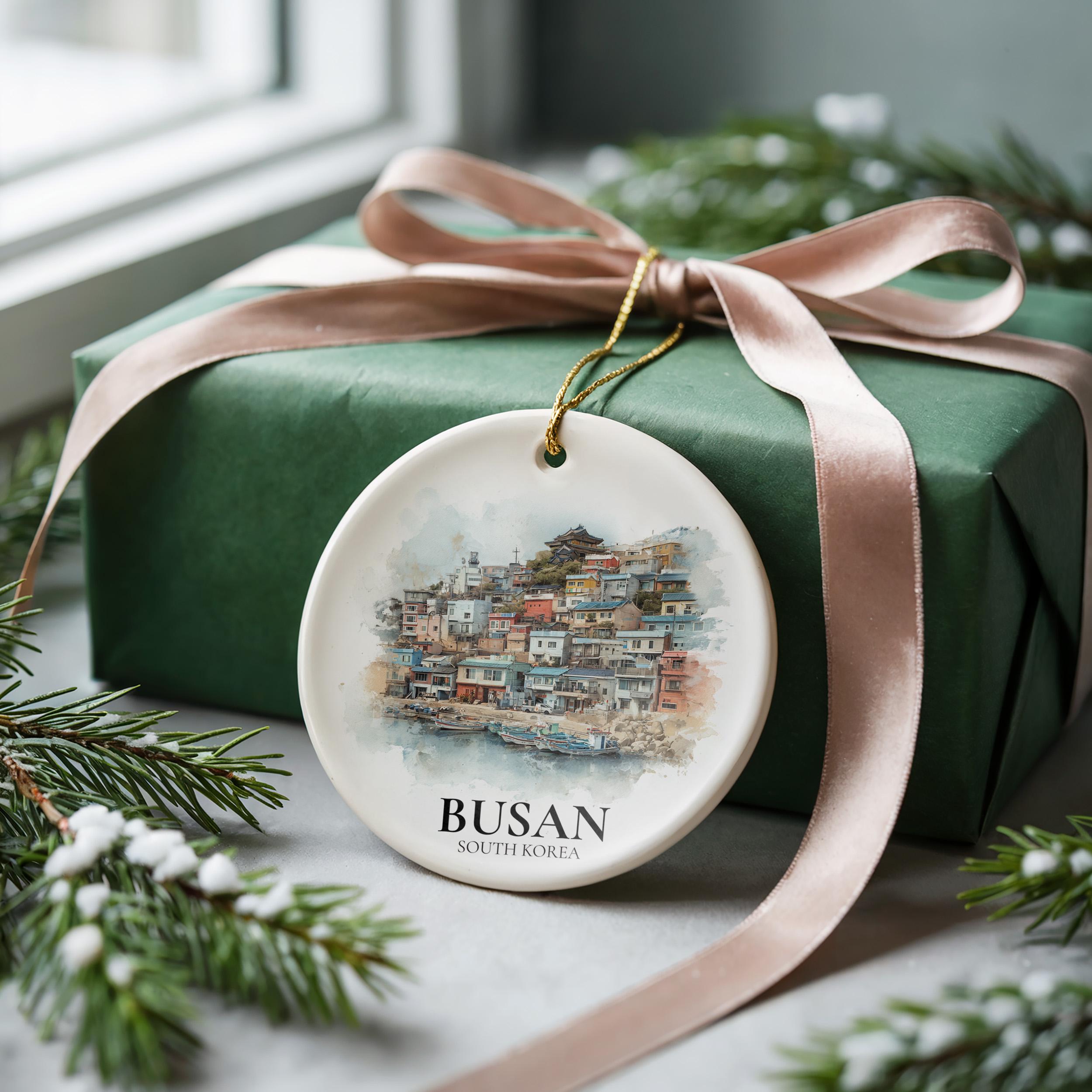 Busan South Korea Personalized Watercolor Ornament, Custom Ceramic Christmas gift, Travel Keepsake