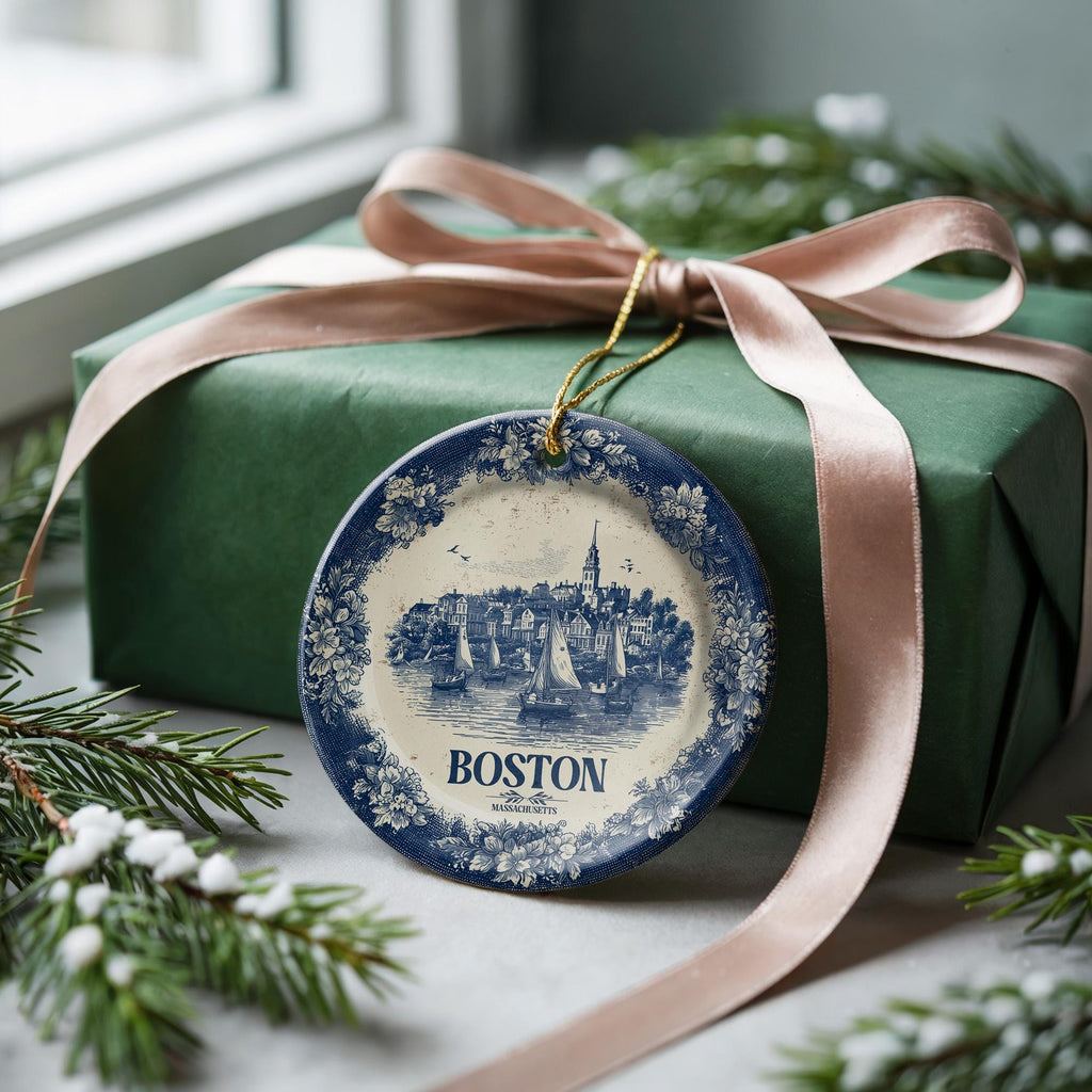 Custom Boston Massachusetts Ceramic Delft Ornament, Christmas Delftware Blue Delftware city travel