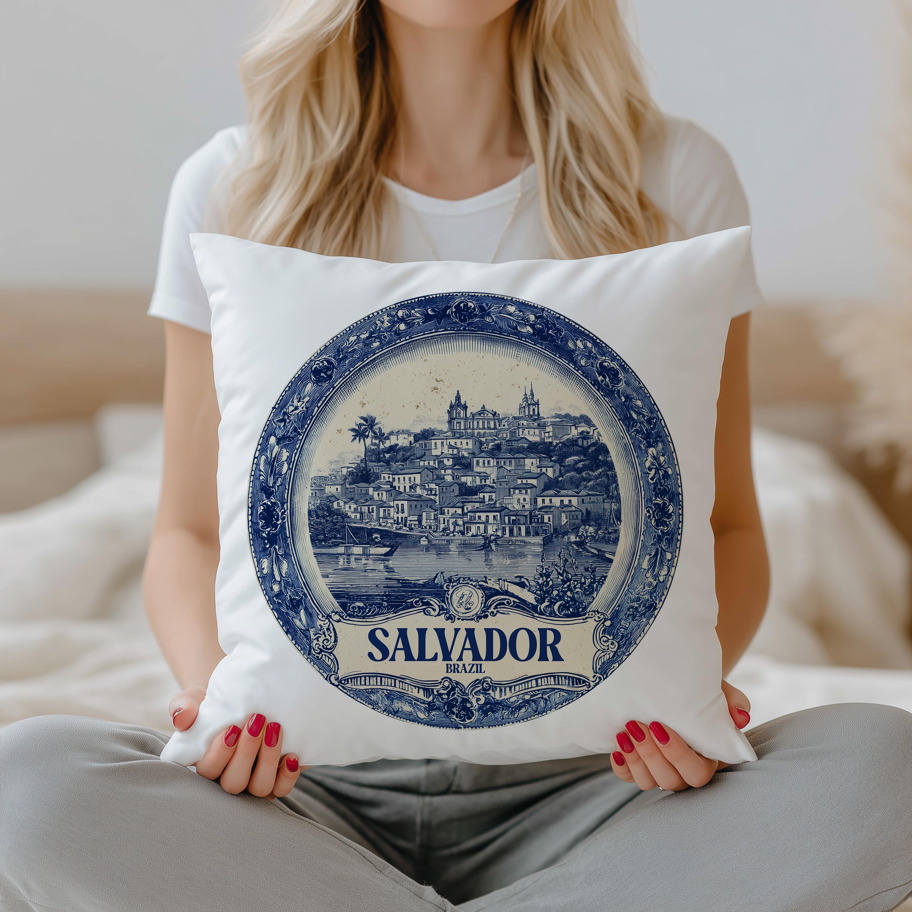 Salvador Brazil Pillowcase, Delft Style Decorative Throw Pillow, Vintage Cityscape Retro Home Decor