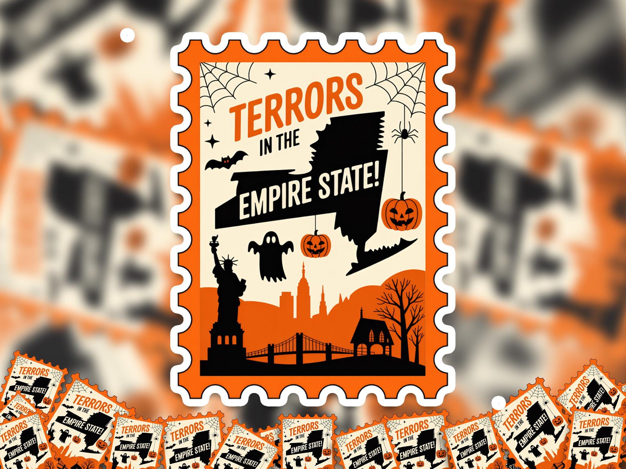 New York Stamp Halloween Sticker, Spooky USA Kiss-Cut Vinyl, Waterproof Decal, United States Travel