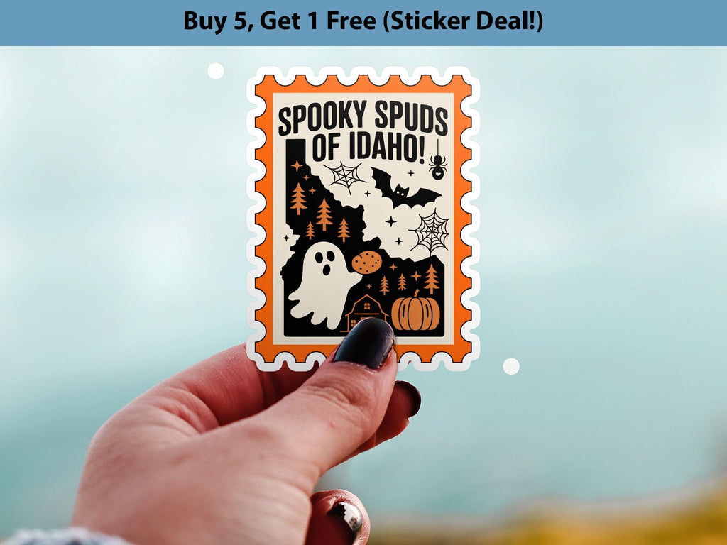 Idaho Stamp Halloween Sticker, Spooky USA Kiss-Cut Vinyl, Waterproof Decal, United States Travel