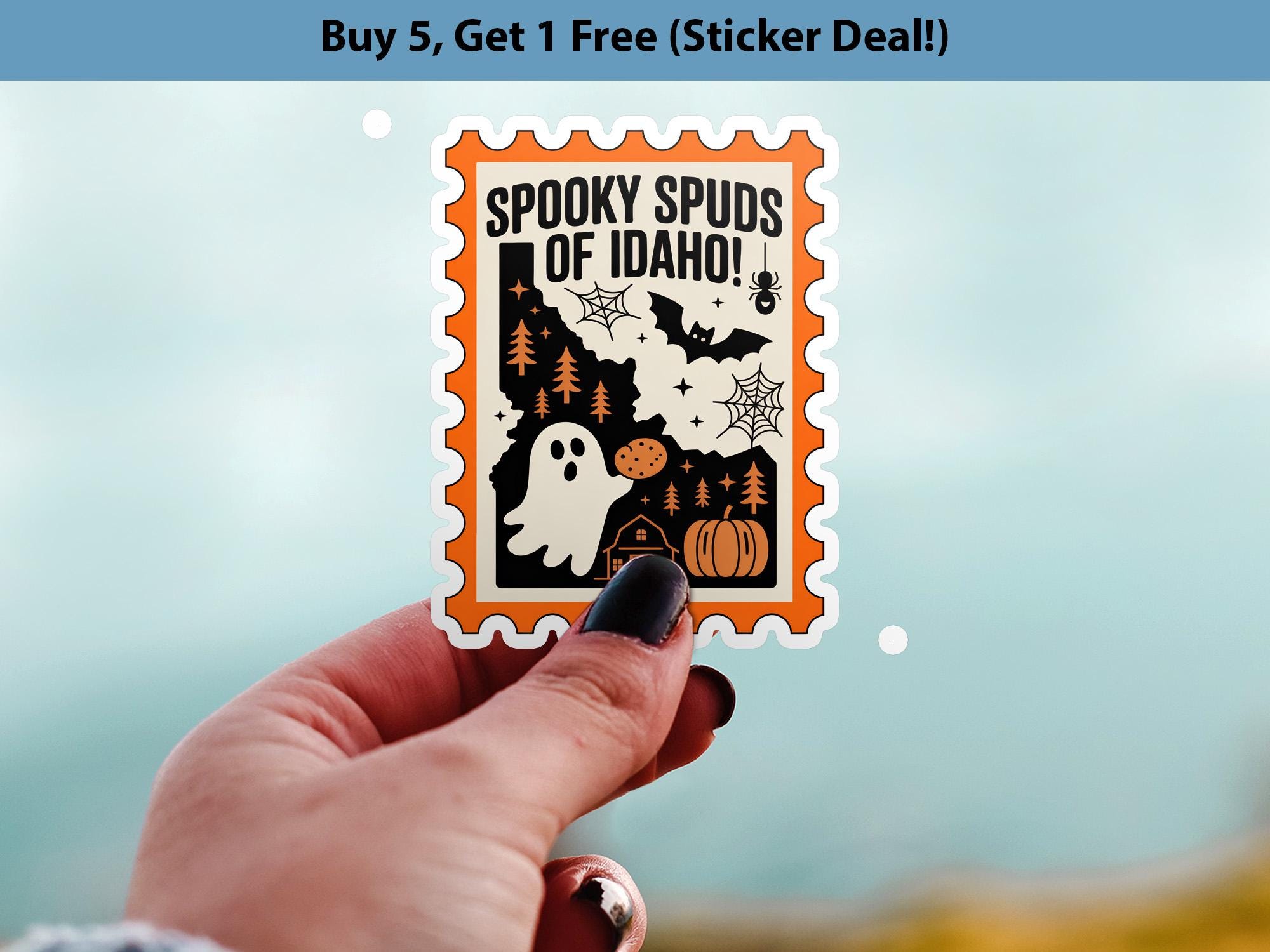 Idaho Stamp Halloween Sticker, Spooky USA Kiss-Cut Vinyl, Waterproof Decal, United States Travel