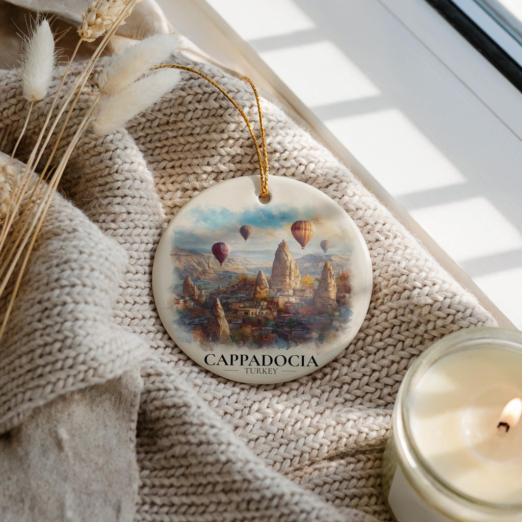 Cappadocia Turkey Custom Watercolor Ornament, Personalized Ceramic Christmas gift, Travel Keepsake