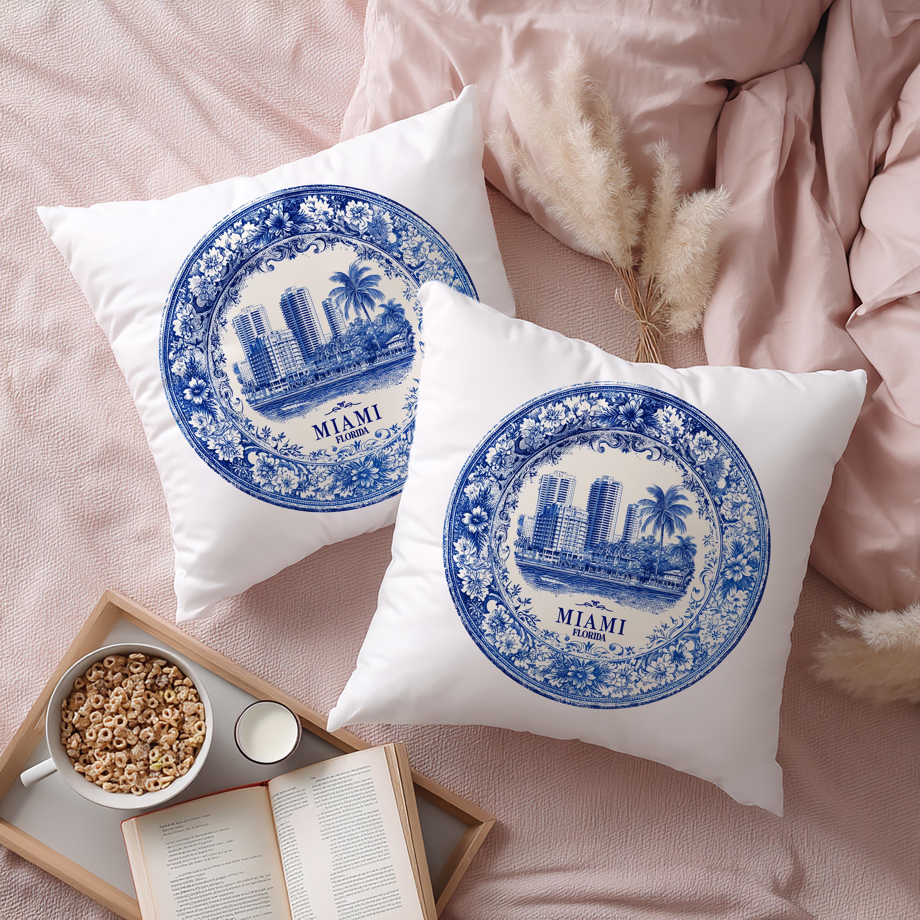 Miami Florida Pillowcase, Delft Style Decorative Throw Pillow, Vintage Cityscape Retro Home Decor