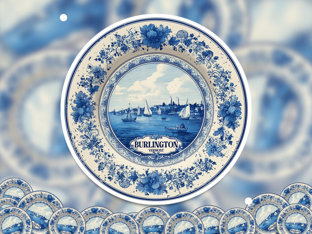 Burlington Vermont Sticker Vintage Delft style, Delftware Decal Waterproof Vinyl, Blue City Travel USA