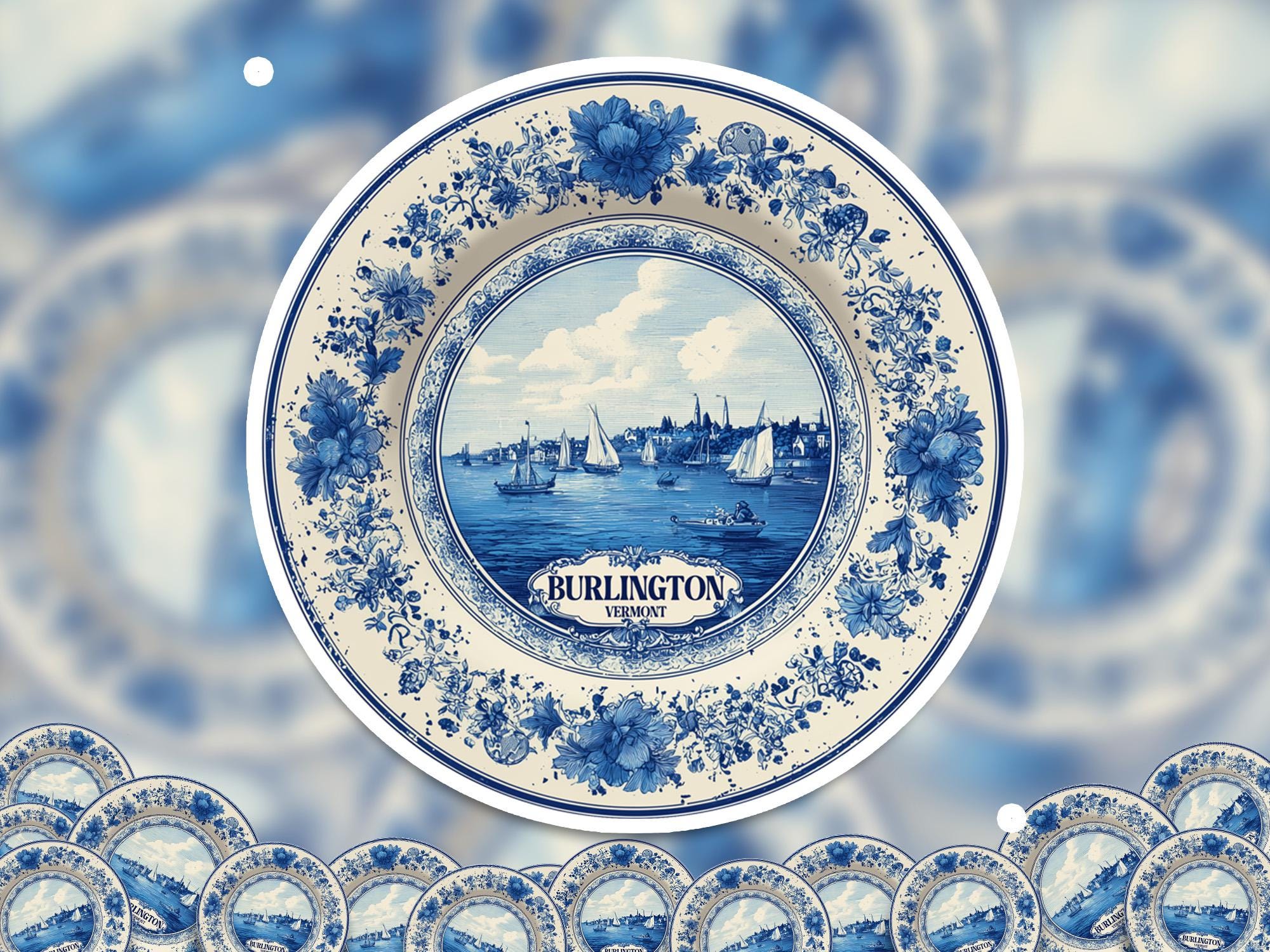 Burlington Vermont Sticker Vintage Delft style, Delftware Decal Waterproof Vinyl, Blue City Travel USA