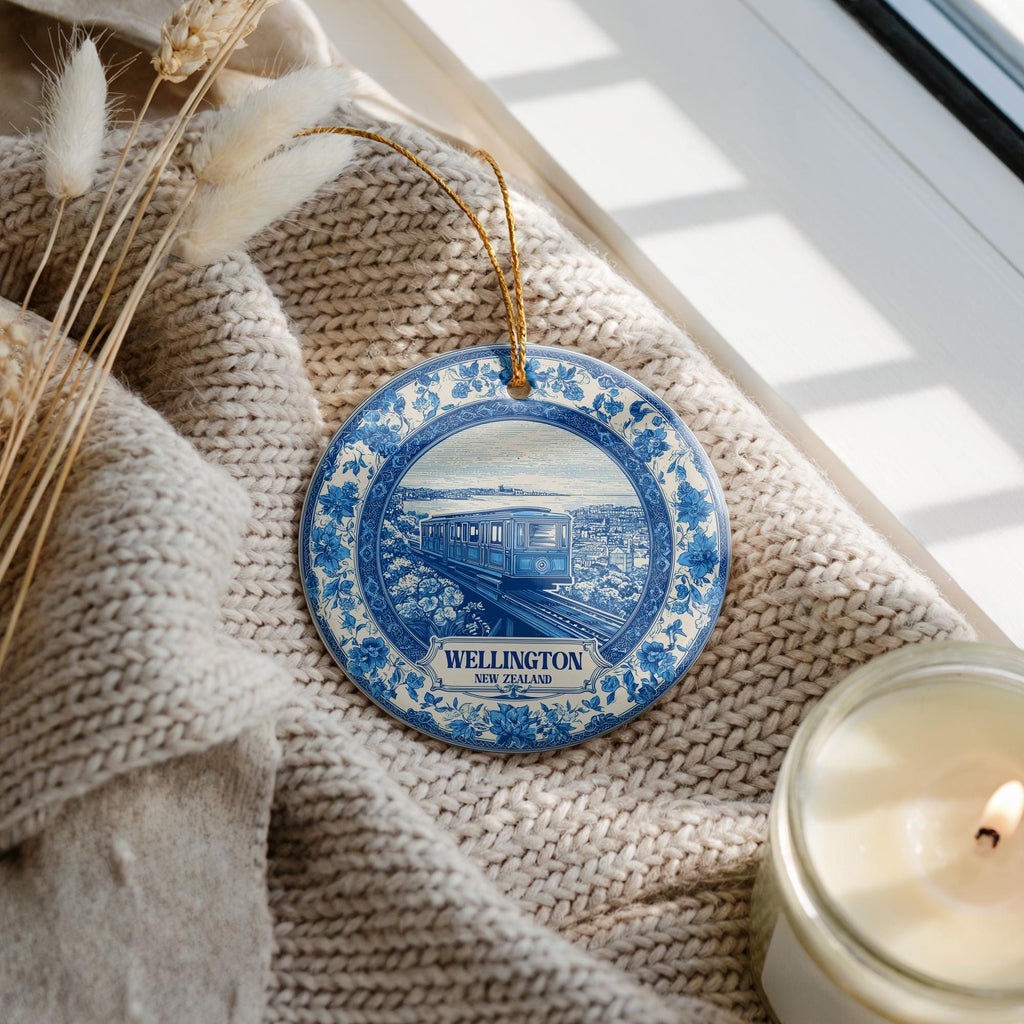 Custom Wellington New Zealand Ceramic Delft Ornament, Christmas Delftware Blue Delftware city travel