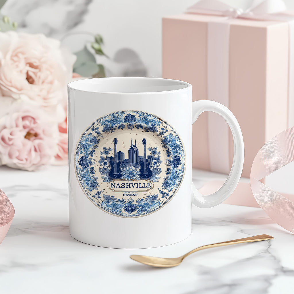 Nashville Tennessee Mug, Custom Delft Style cup, Personalized Vintage Travel City Gift