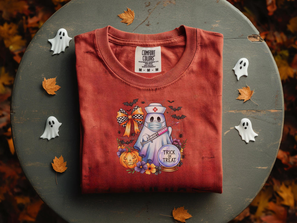 Trick or Treat Halloween Nurse Sweatshirt, Spooky Ghost RN shirt with Pumpkin,  Medical Outfit, Cute Fall Apparel, Gift for Nurse