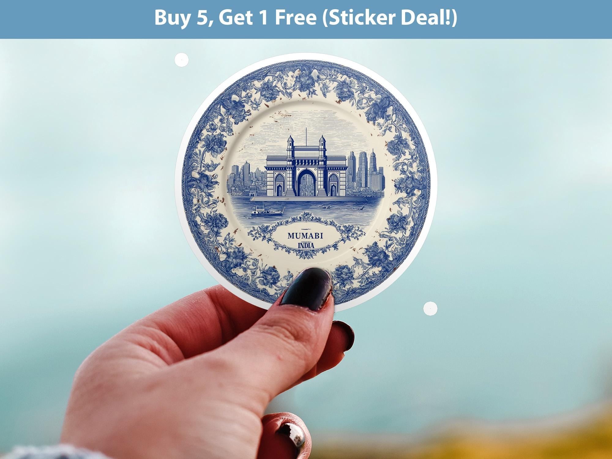 Mumbai India Sticker Vintage Delft style, Delftware Decal Waterproof Vinyl, Blue City Travel