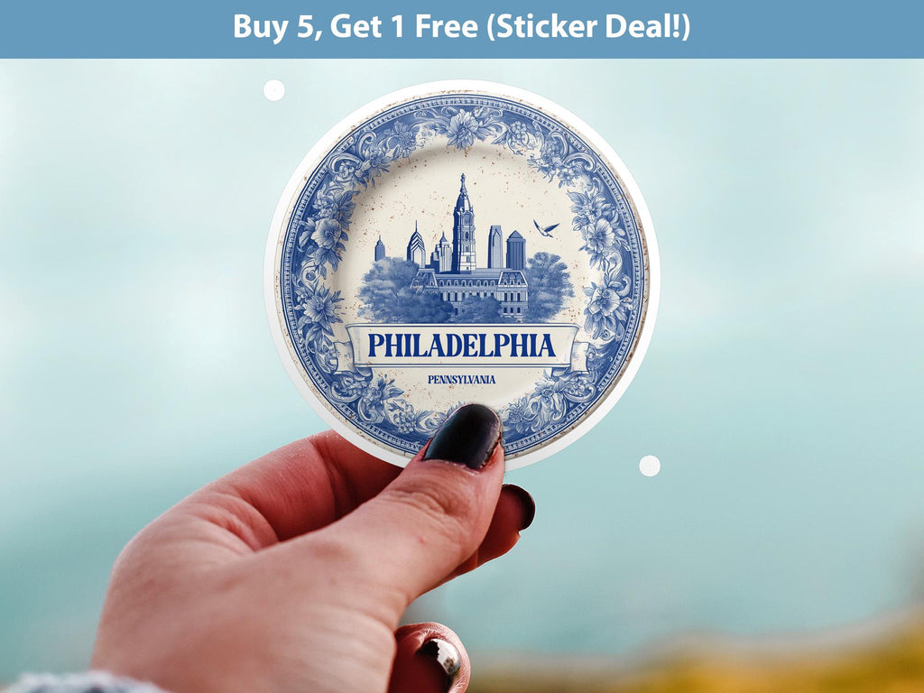 Philadelphia Pennsylvania Retro Sticker Vintage Delft style, Delftware Decal Waterproof Vinyl, Blue City Travel