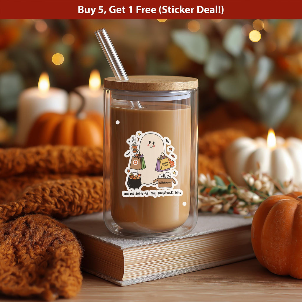 Me As Soon As My Paycheck Hits Sticker, Cute ghost shopping Halloween Vinyl Decal