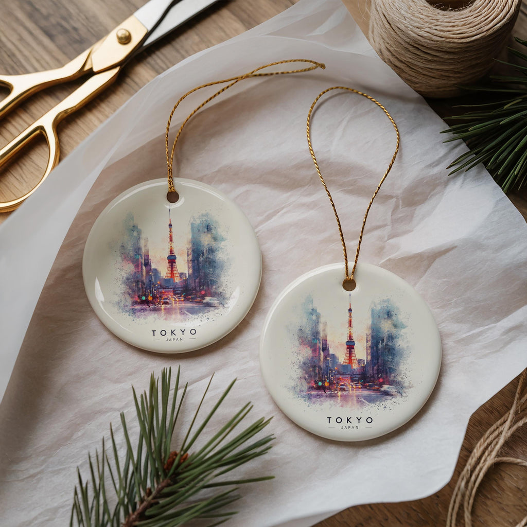 Tokyo Japan Personalized Watercolor Ornament, Custom Ceramic Christmas gift, Travel Keepsake