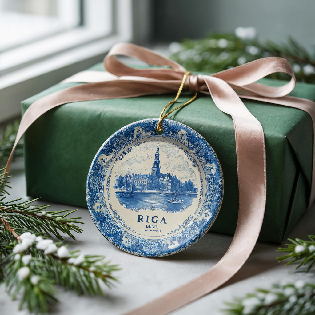 Custom Riga Latvia Ceramic Delft Ornament, Christmas Delftware Blue Delftware city travel