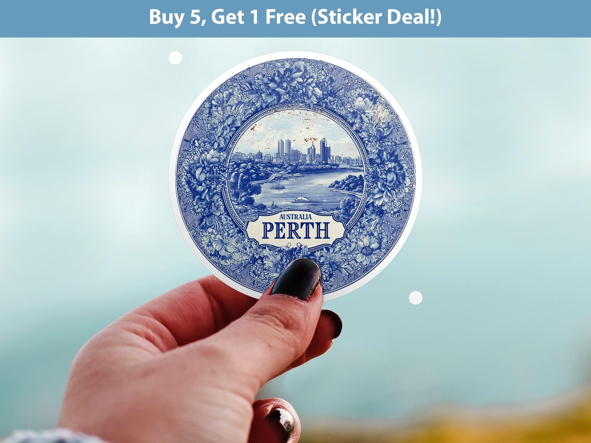 Perth Australia Sticker Vintage Delft style, Delftware Decal Waterproof Vinyl, Blue City Travel