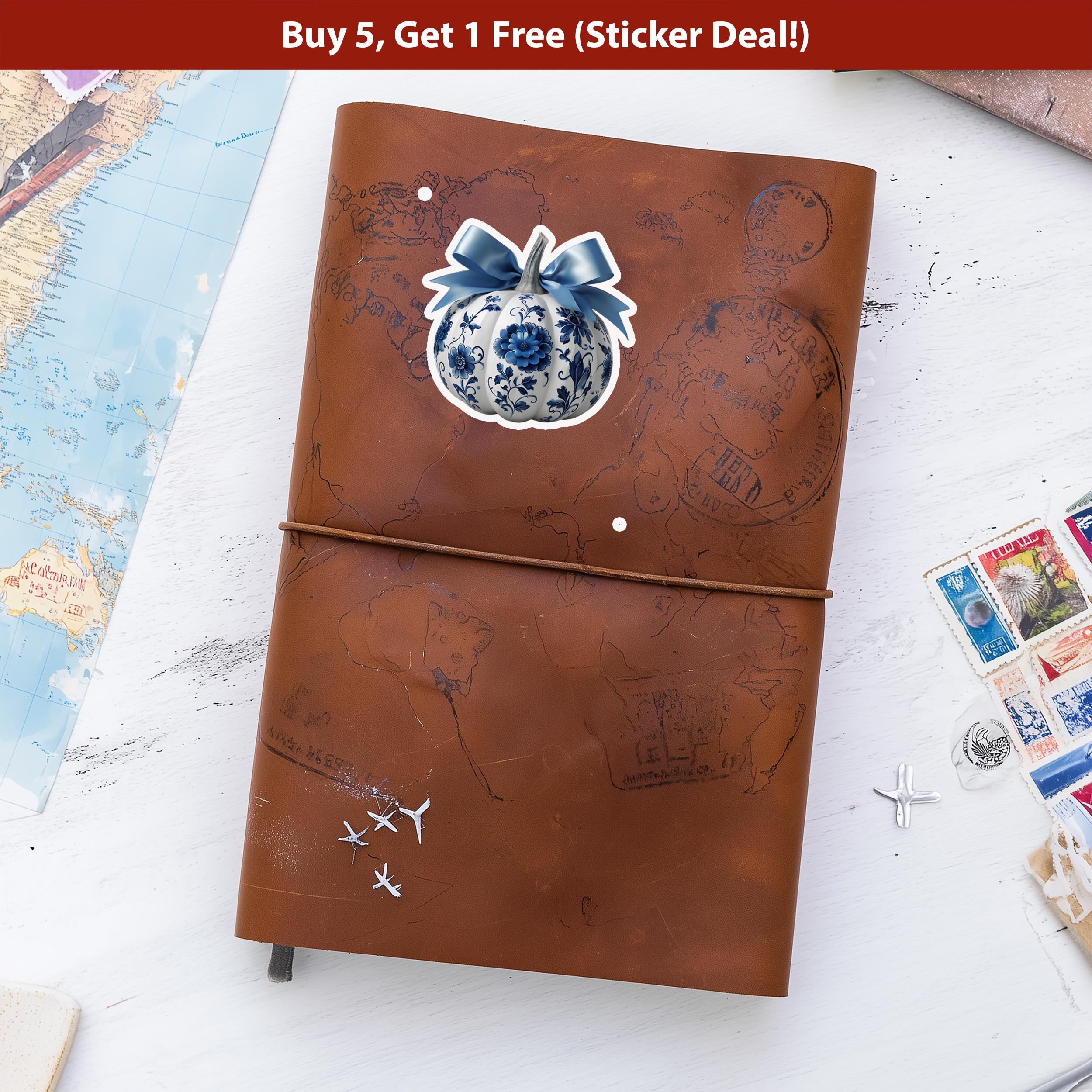 Delftware Pumpkin Sticker: Blue & White Vintage Halloween Decal